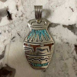Vintage William Singer Navajo Sterling, Turquoise & Coral Chip Inlay Pendant